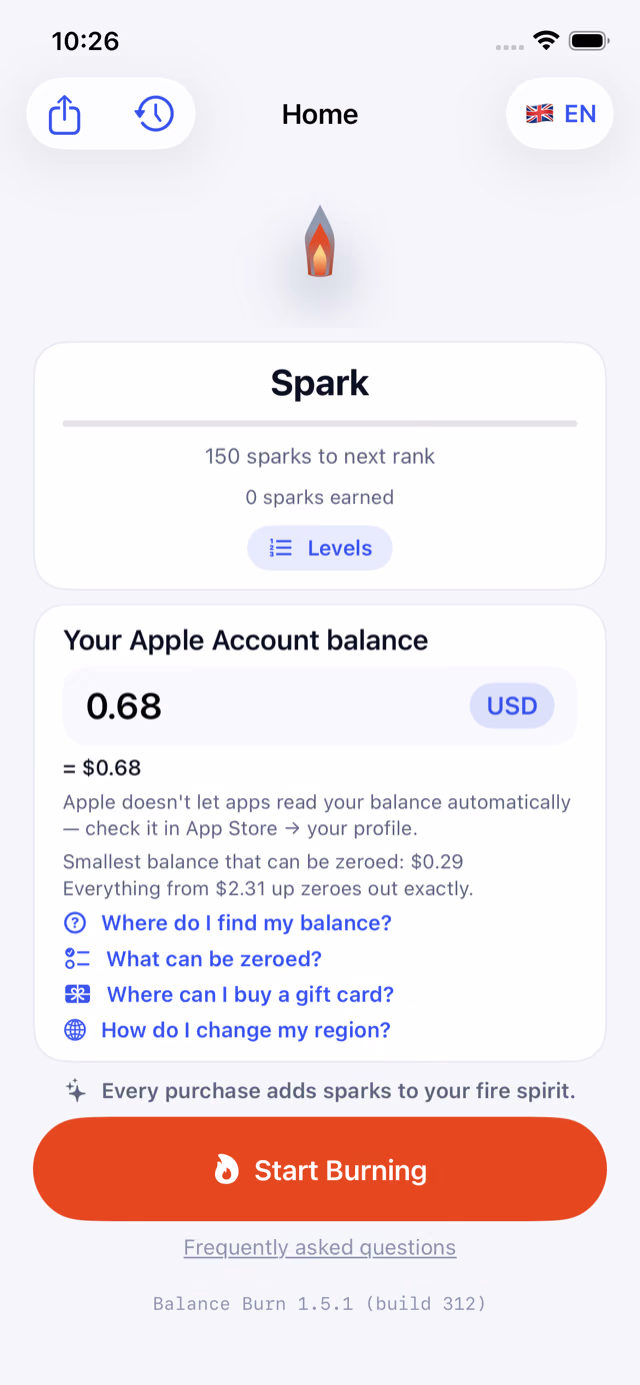 Ekran główny Balance Burn (po angielsku): w polu salda konta Apple wpisano $0.68, pod nim najmniejsze saldo do wyzerowania, linki pomocy i przycisk rozpoczęcia spalania.