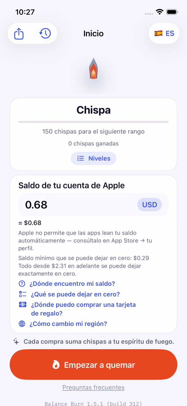 Pantalla de inicio de Balance Burn: $0.68 escrito en el campo del saldo de la Cuenta de Apple, con el saldo mínimo que se puede dejar en cero, los enlaces de ayuda y el botón para empezar a quemar.