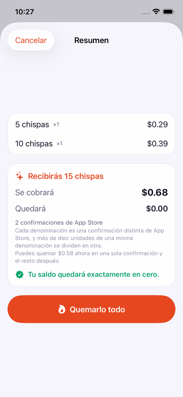 Pago: recibirás 15 chispas, se cobrará $0.68, quedará $0.00, y el aviso de que tu saldo quedará exactamente en cero.