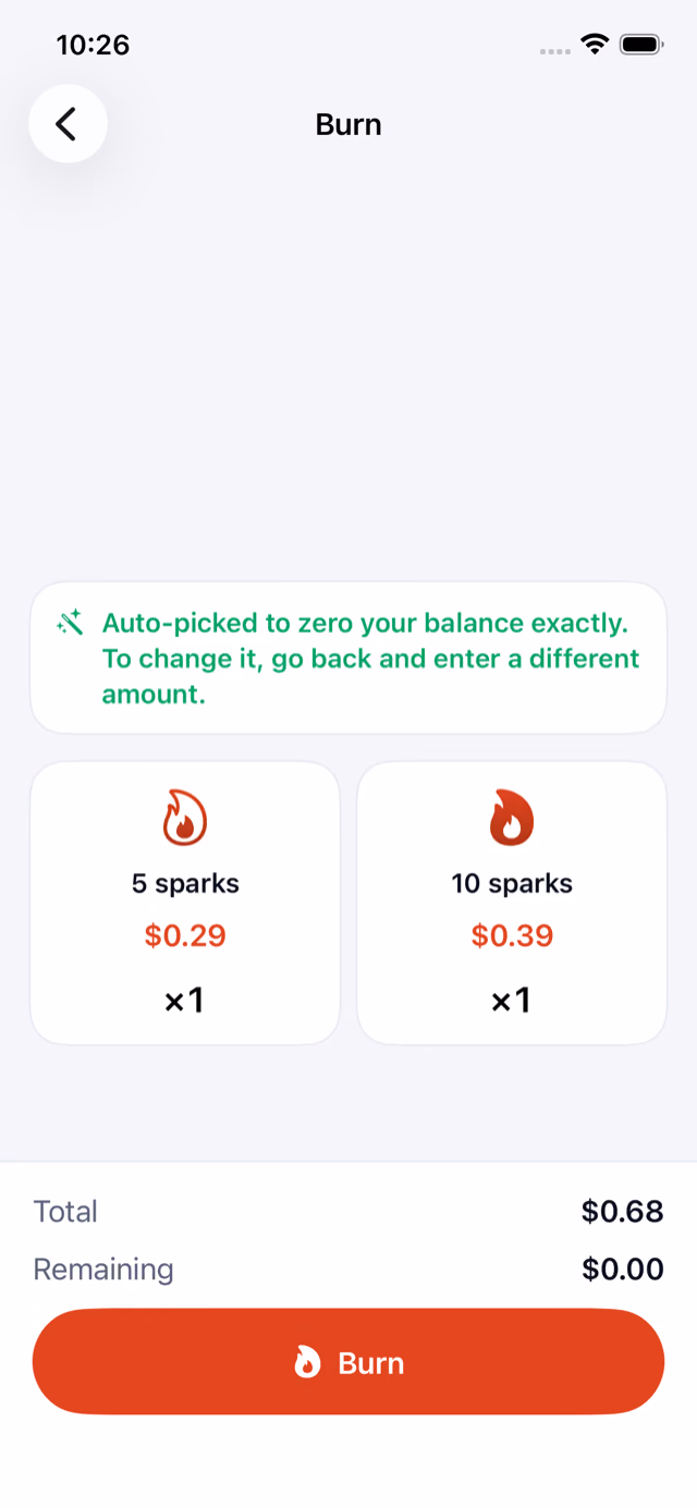 Plan dobrany automatycznie dla $0.68: 5 iskier za $0.29 i 10 iskier za $0.39, razem $0.68, pozostaje $0.00.