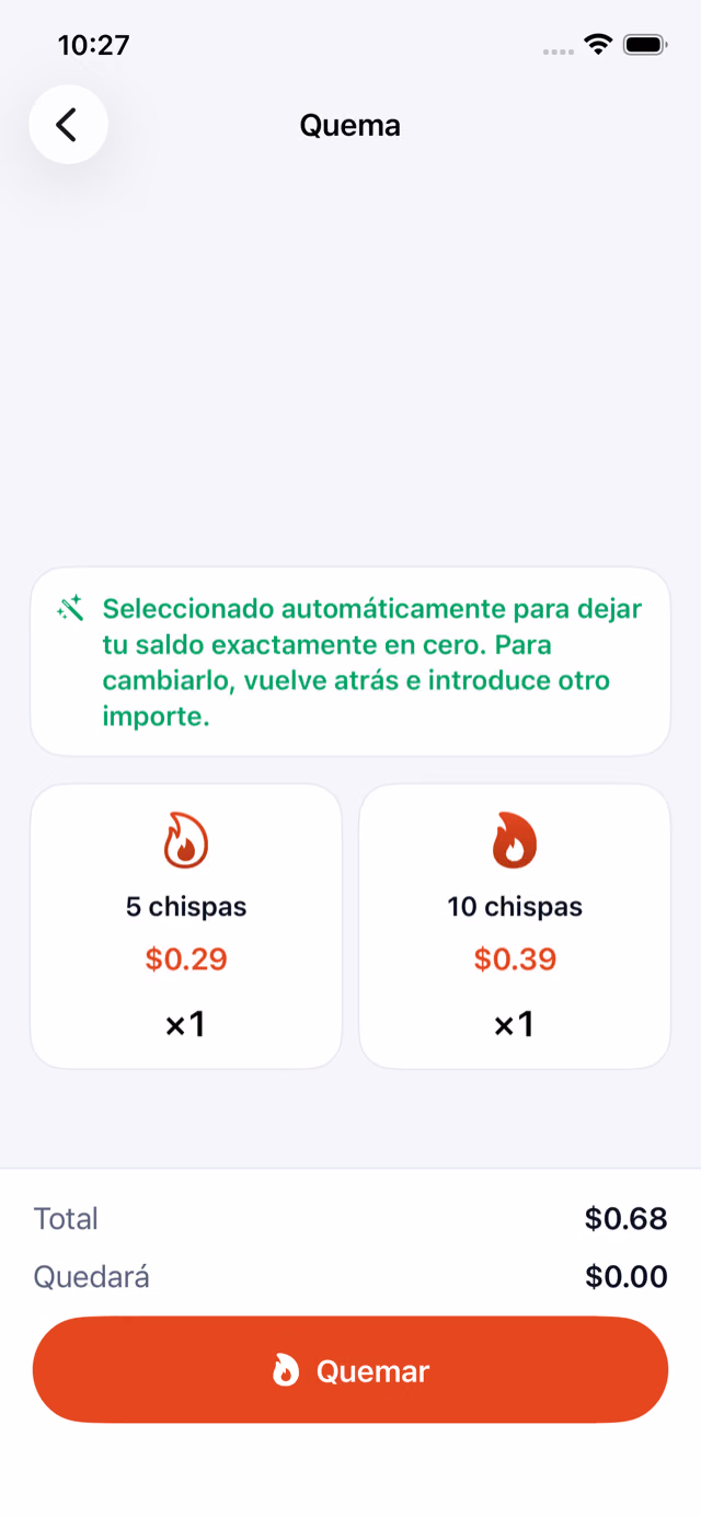 Plan elegido automáticamente para $0.68: 5 chispas por $0.29 y 10 chispas por $0.39, total $0.68, restante $0.00.