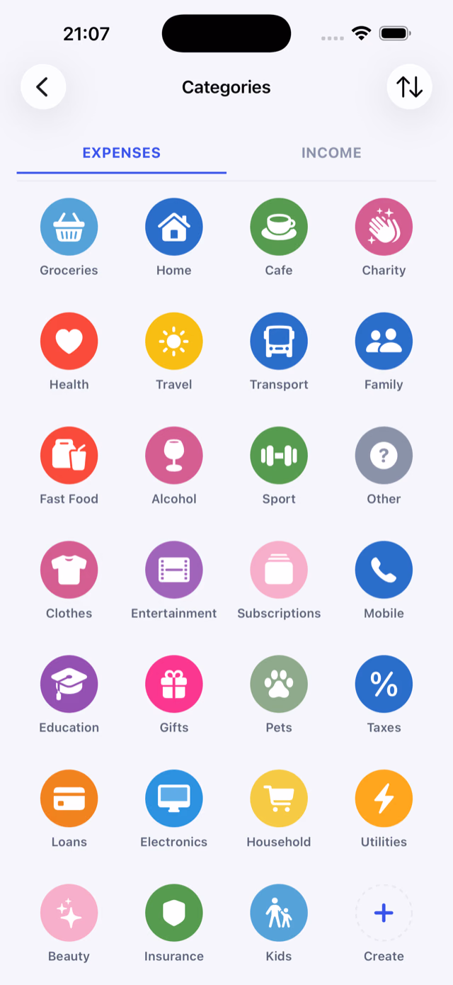 Finsumo categories grid: 26 colour-coded expense categories including Groceries, Home, Cafe, Health, Travel, Transport, Fast Food, Sport, Clothes, Subscriptions, Education and Taxes.
