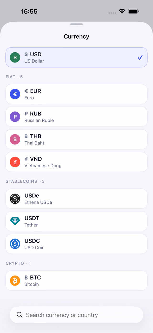 Finsumo currency picker open as a sheet: US dollar selected at the top, then a Fiat section of five national currencies, a Stablecoins section with USDe, USDT and USDC, a Crypto section with Bitcoin, and a search field for finding a currency by name or country.