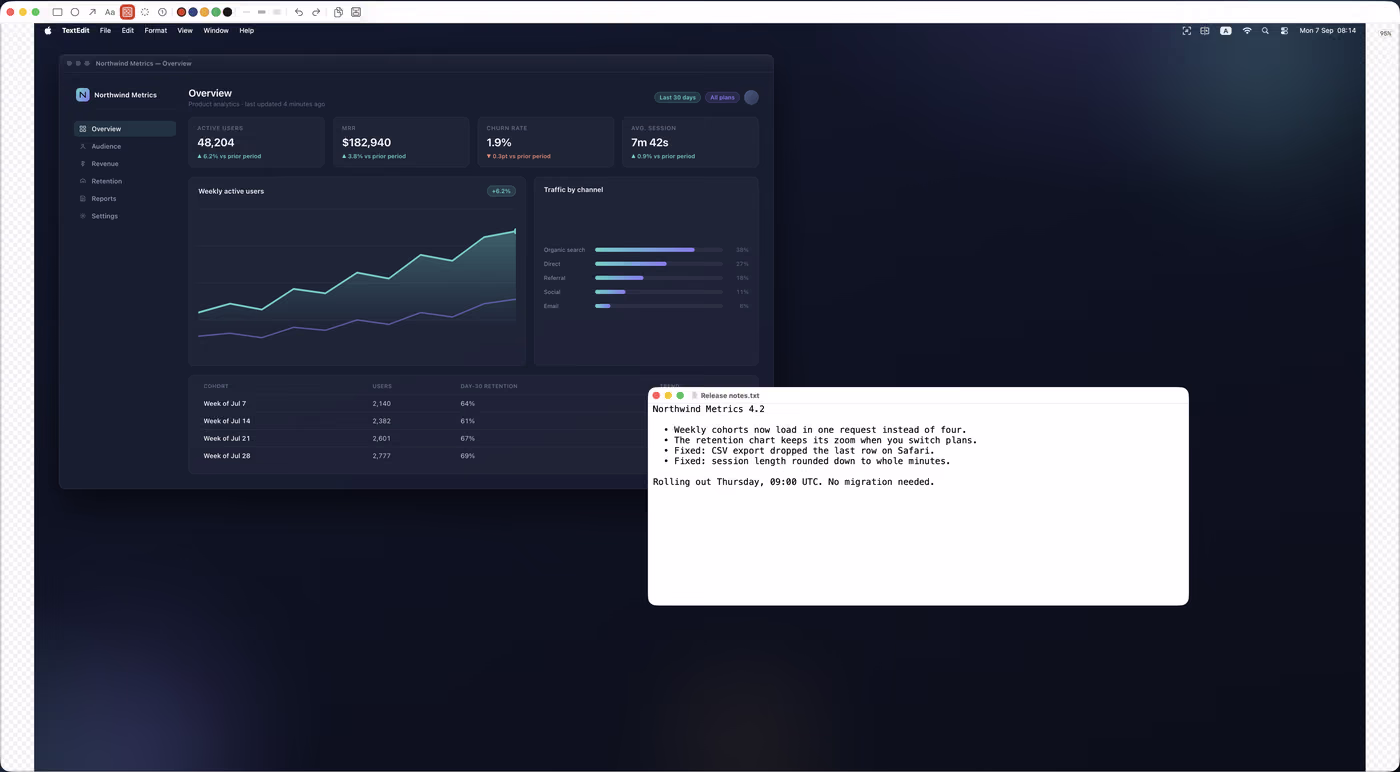 A full-screen capture already open in the editor: the whole desktop, including a window that was on it, sitting inside the editor canvas below its toolbar.