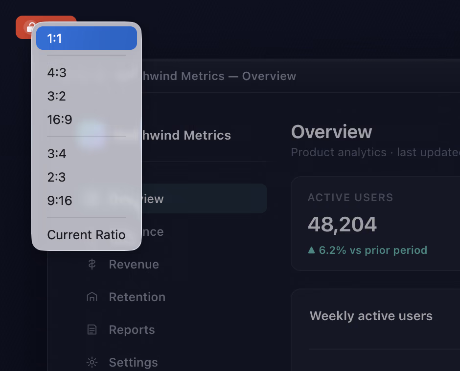 The ratio menu opened from the badge's padlock over a frozen dark analytics window: 1:1 highlighted, then 4:3, 3:2, 16:9, 3:4, 2:3, 9:16, and Current Ratio.