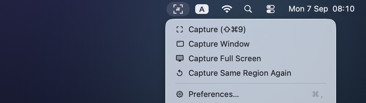A detail of the menu-bar menu: Capture ⇧⌘9, Capture Window, Capture Full Screen, and Capture Same Region Again, the last one enabled.
