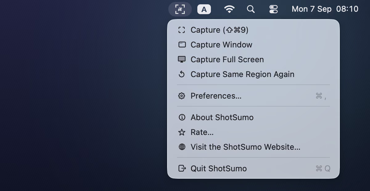 The full menu-bar status menu: the four capture actions, Preferences, About/Rate/Website, and Quit.