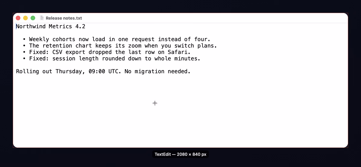 A TextEdit window outlined as the capture target with a caption beneath it reading TextEdit — 2080 × 840 px; the rest of the screen is dimmed.